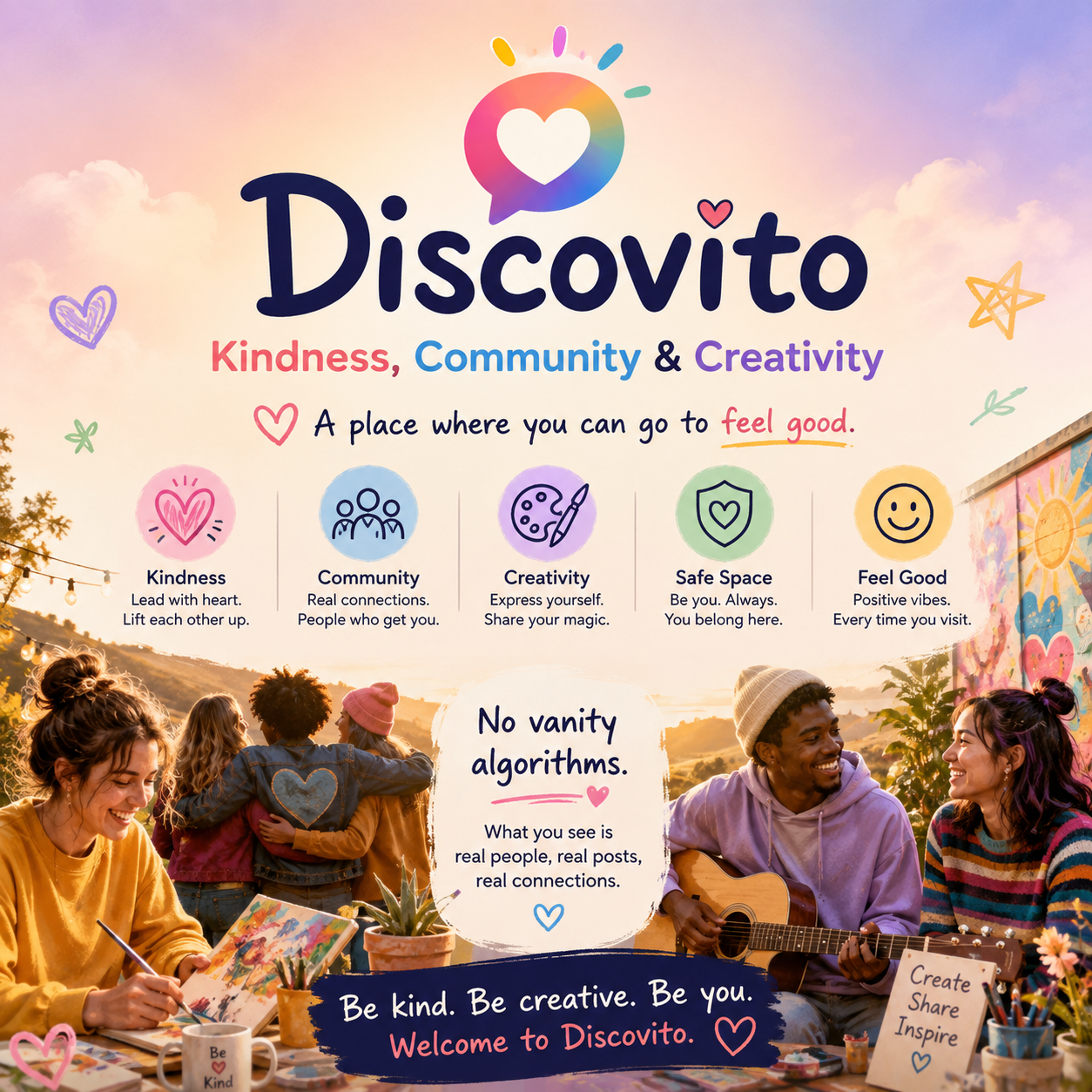Colourful illustration of people creating, helping and laughing together under a sunset sky, with the Discovito wordmark and the message: No vanity algorithms
